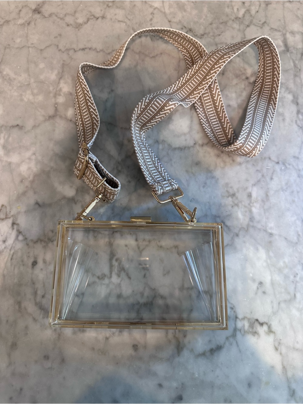 Clear Box Crossbody Bag with Beige Patterned Strap